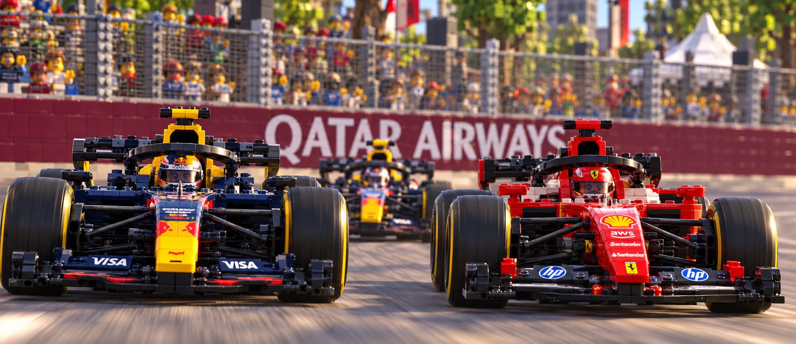 Isack Hadjar's car wheel to wheel with Charles Leclerc's Ferrari, a second Red Bull car following behind.