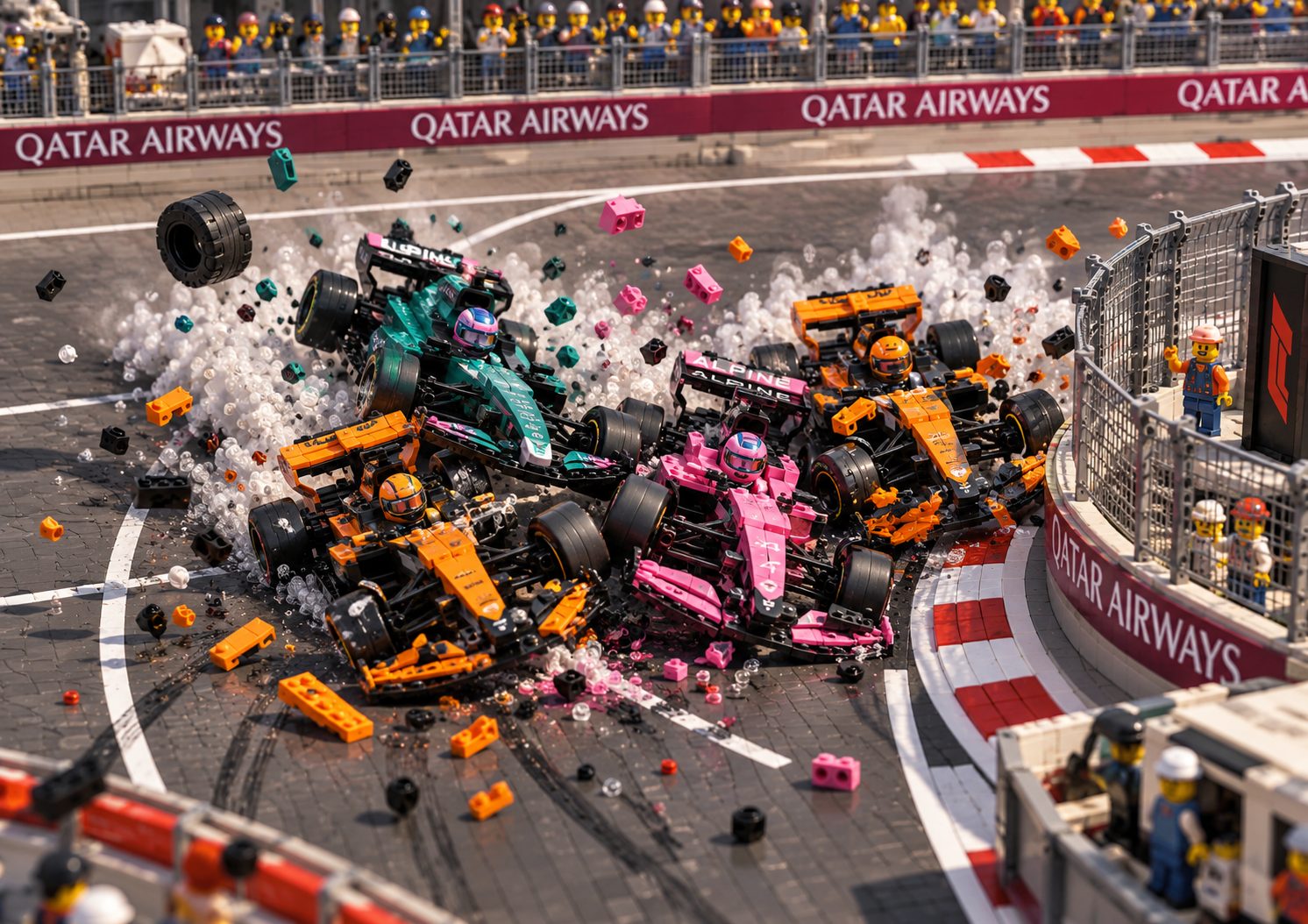 Four cars piled into each other at Turn 1 in a cloud of debris, an Alpine and two McLarens among them, with a wheel in mid-air.