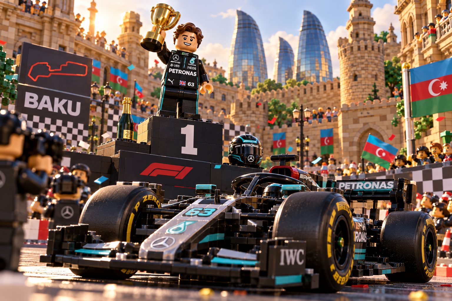 George Russell holding the winner's trophy above his Mercedes with the Baku flame towers and old city walls behind.