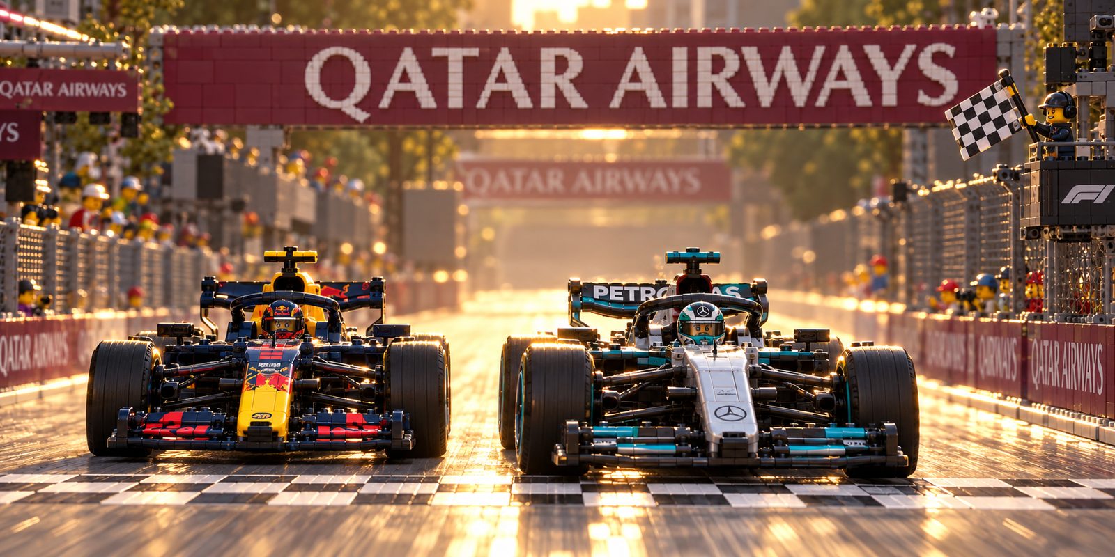 A Red Bull and a Mercedes side by side crossing the finish line under the gantry as a marshal waves the chequered flag.